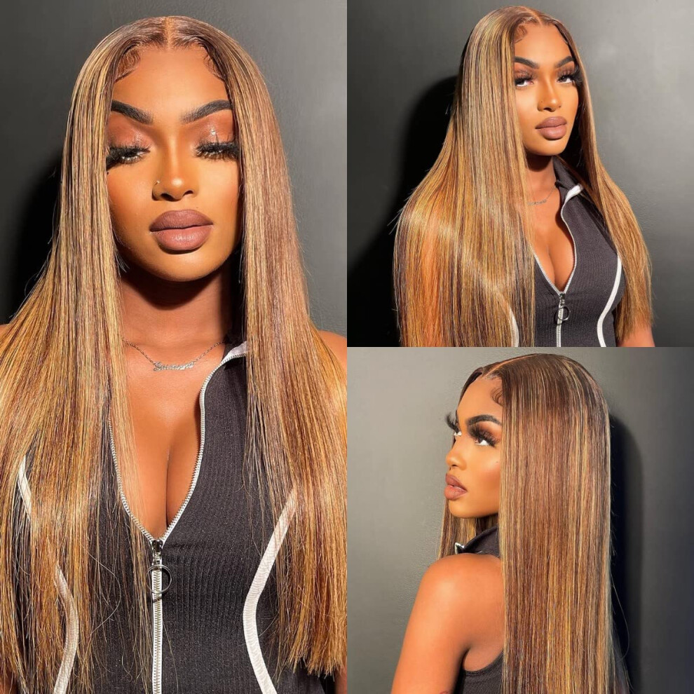 Unisex Hd Lace Front Wig Human Hair 13X4 Honey Blonde Highlights Pre Plucked Brazilian Virgin Hair 18Inch