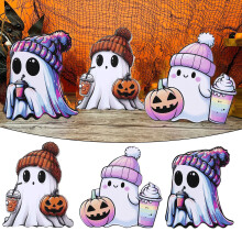 Winysin2024New3Pcs Decor drăguț cu tavă pe niveluri de Halloween, semn de masă din lemn, decor de petrecere cu vrăjitoare dovleac violet,