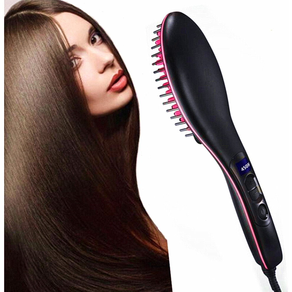 Hair Straightener Brush Ceramic 2 in 1 Straightener and Curler with LCD Display Fast Heat Up Black