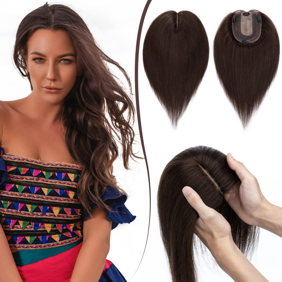 Unisex Grey Remy Human Hair Topper For Women No Bangs Silk Base Clip In Hairpiece With 4 Clips