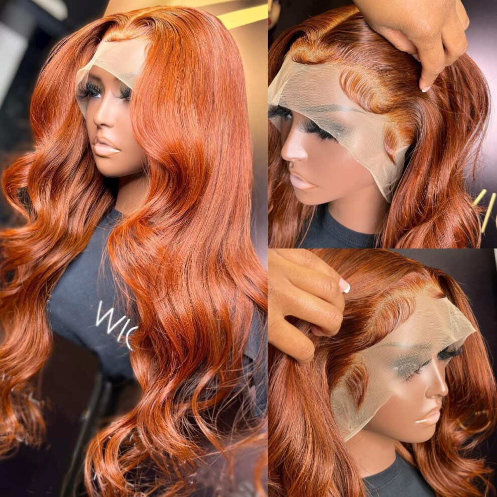Orange Ginger 26 Inch Body Wave Human Hair Lace Front Wig 13x6 HD Lace Natural Hairline