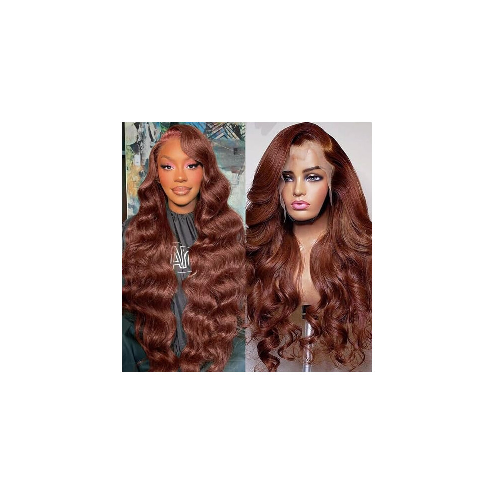 Unisex Brown Reddish Lace Front Wig Human Hair Body Wave 13X4 Pre Plucked Glueless Brazilian Virgin Remy 150% Density 22 Inch
