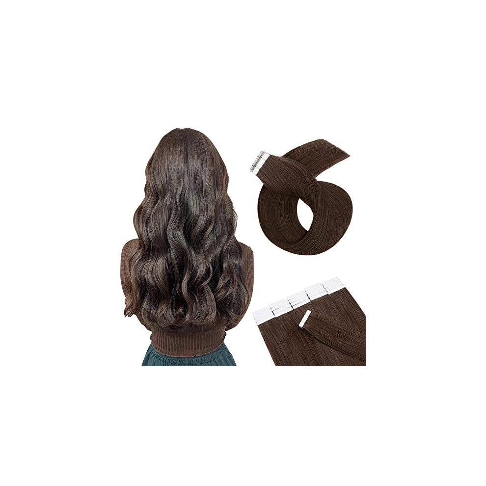 Unisex Brown 20 Inch Remy Human Hair Tape In Extensions Seamless Skin Weft Medium Silky Smooth 20Pcs