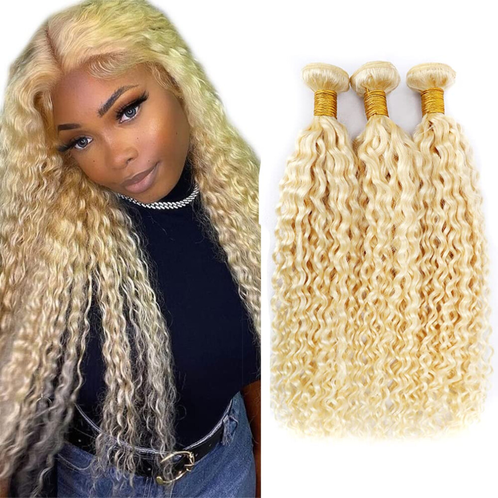 Unisex Black 613 Blonde Kinky Curly Brazilian Remy Human Hair Extensions 3 Bundles Double Weft 14 16 18 Inch