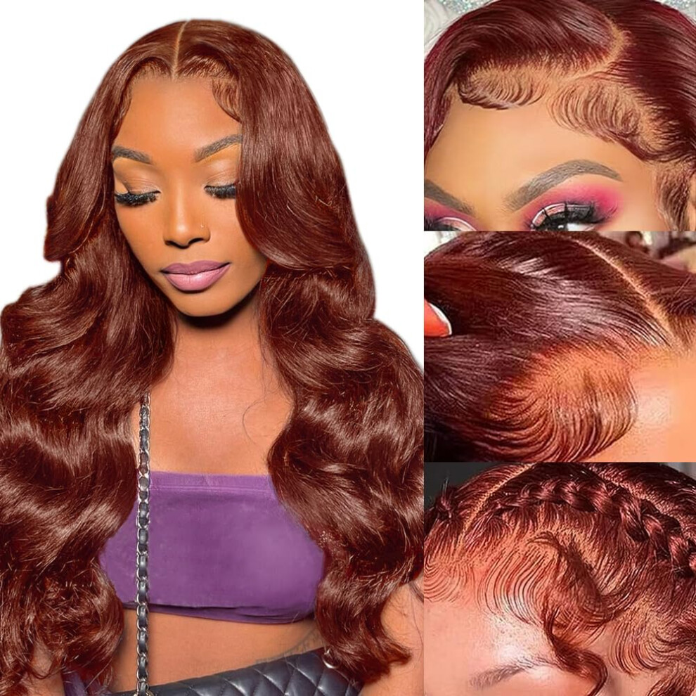 Reddish Brown Brazilian Body Wave Lace Front Wig Human Hair 16 Inch 180 Density Pre Plucked HD