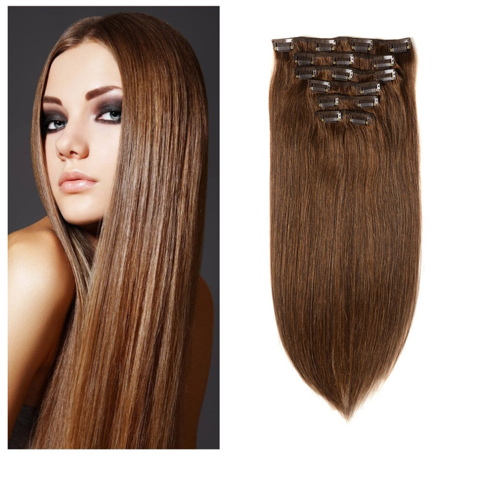 Unisex Brown 22 Inch Medium Clip In Hair Extensions, Double Weft Brazilian Remy Human Hair With 16 Clips
