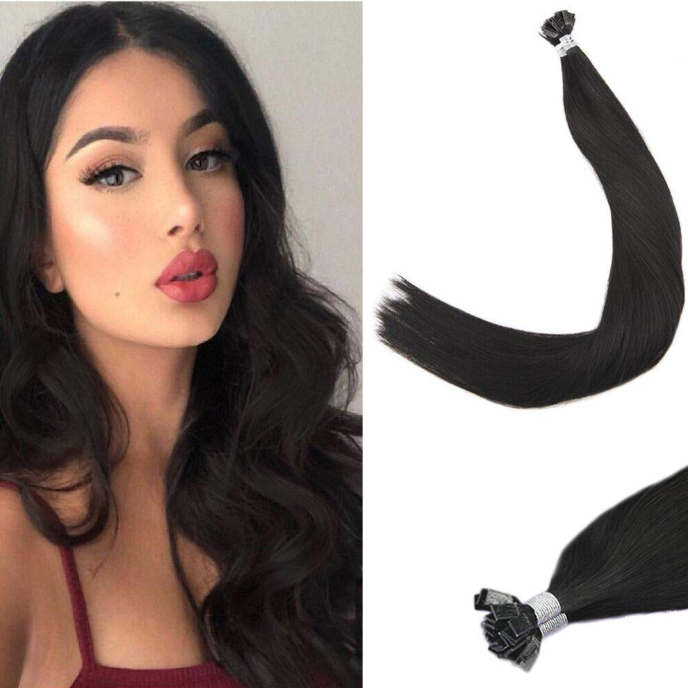 Unisex Black 14 Inch Jet Flat Tip Remy Human Hair Extensions 1G Strand Straight Keratin Bond