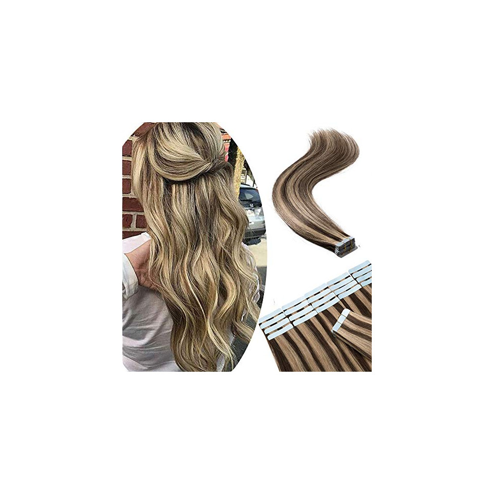 Unisex Brown 16 Inch Tape In Remy Human Hair Extensions 100G 40Pcs Medium Mix Blonde Seamless Reusable
