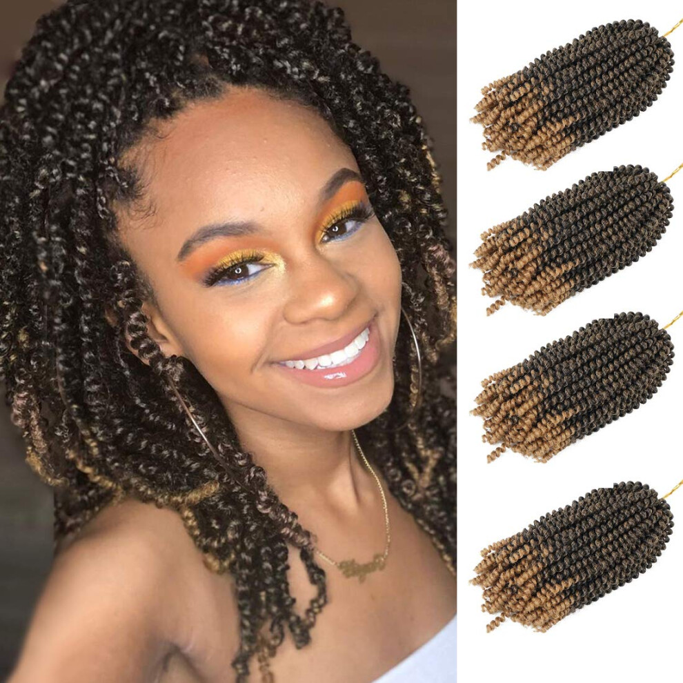 Unisex Spring Twist Crochet Hair 8 Inch T27 Ombre Synthetic Extensions Pretwisted Braiding 4 Packs