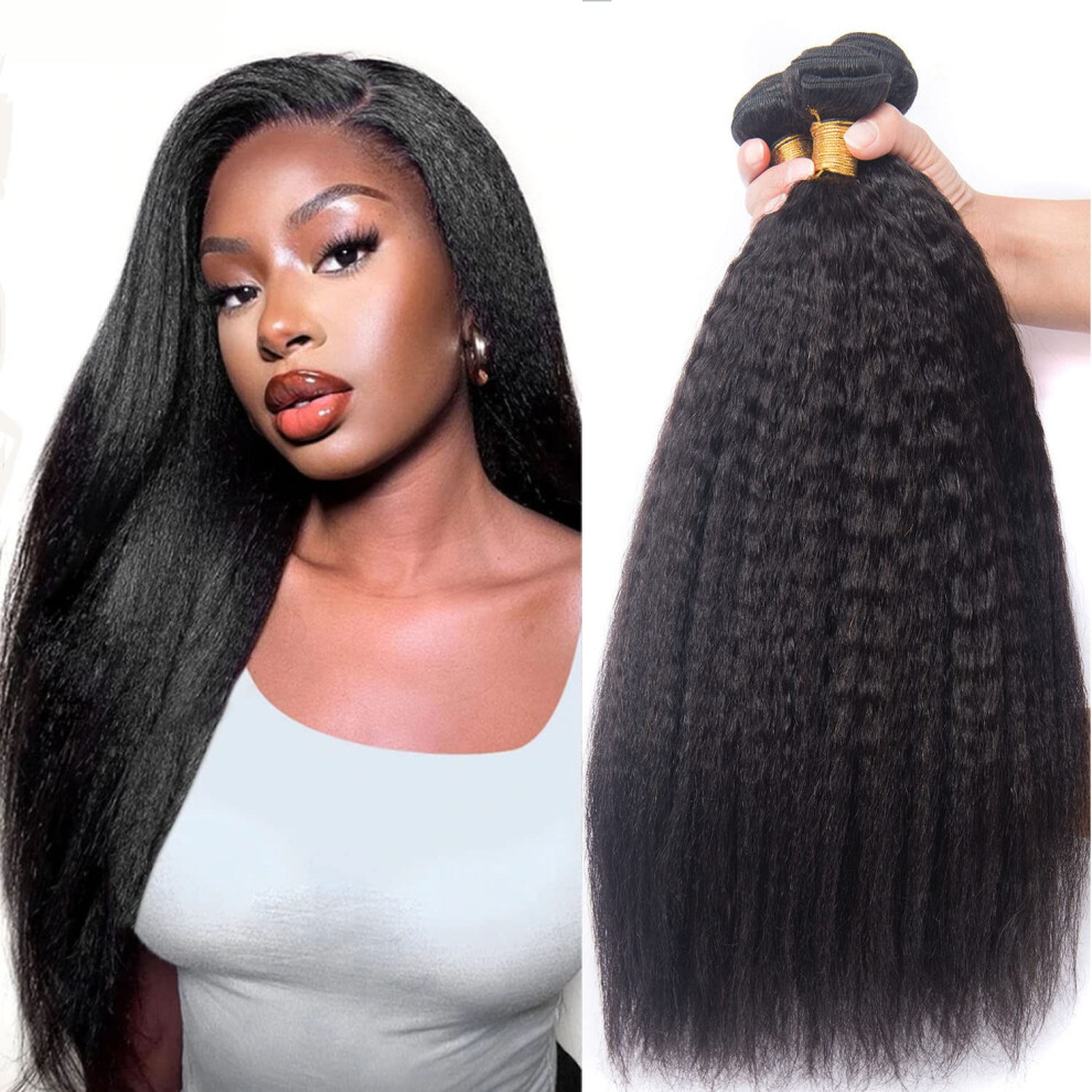 Unisex Black Brazilian Virgin Human Hair Bundles Kinky Straight Yaki Texture 3 Pack 18 20 22 Unprocessed Remy Sew In Extensions Natural