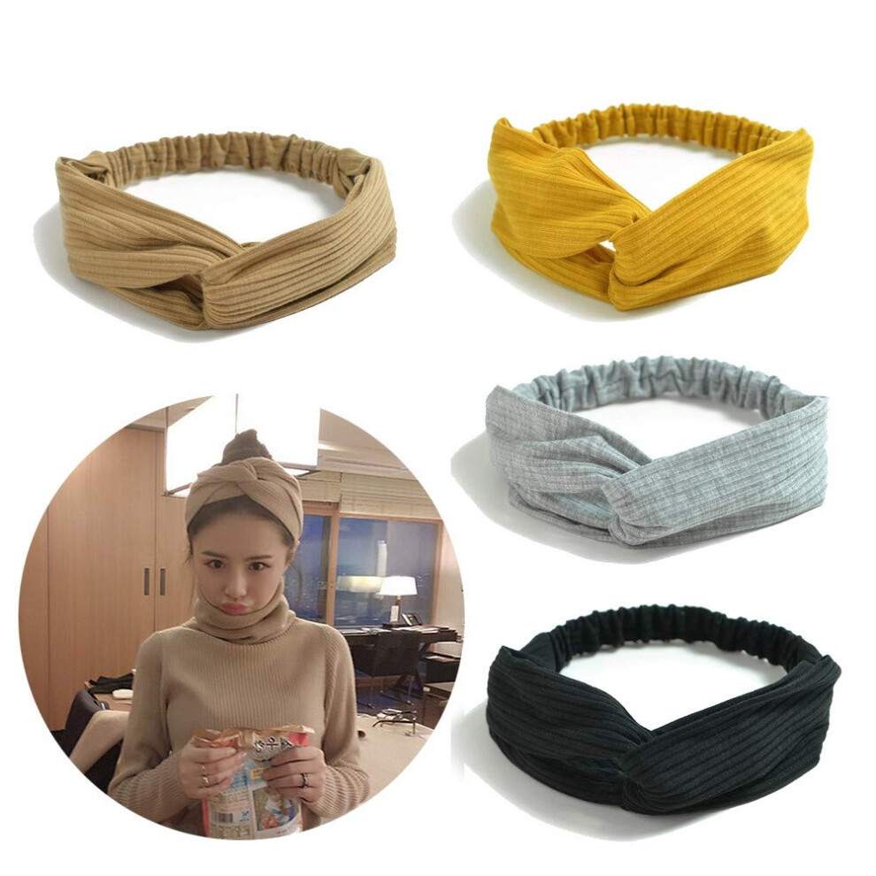 Headbands for Women Crochet Knotted Design Soft Stretch Fabric Hair Accessories 4 Pack