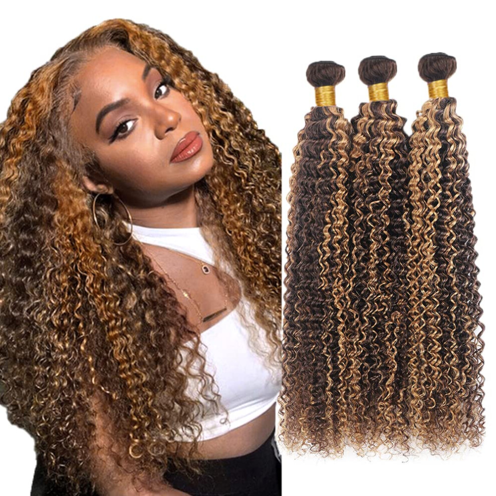 Unisex Light/Brown Human Hair Wig Ombre High P4/27 Kinky Curly Brazilian Virgin Hair Extensions 3 Bundles 2226 Inch