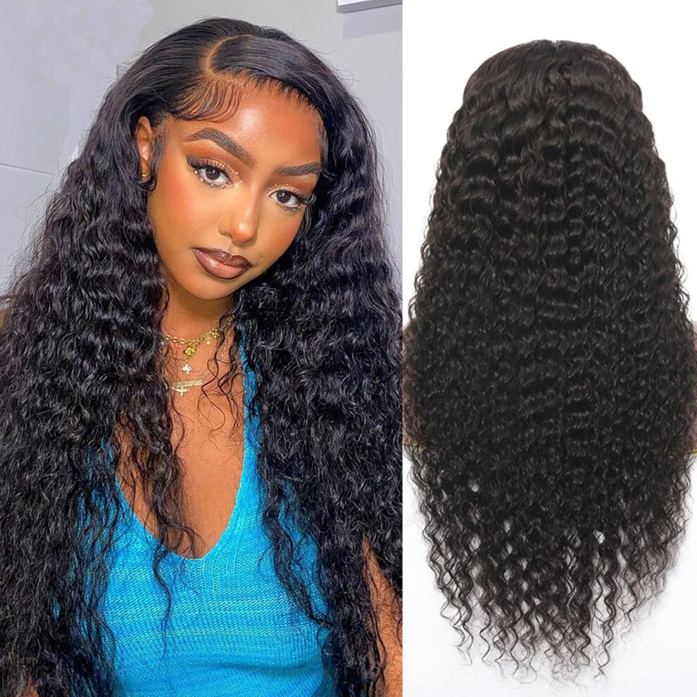 Unisex Black 24 Inch Deep Curly Lace Front Wig For Women, Glueless Synthetic, Natural Hairline, 180% Density