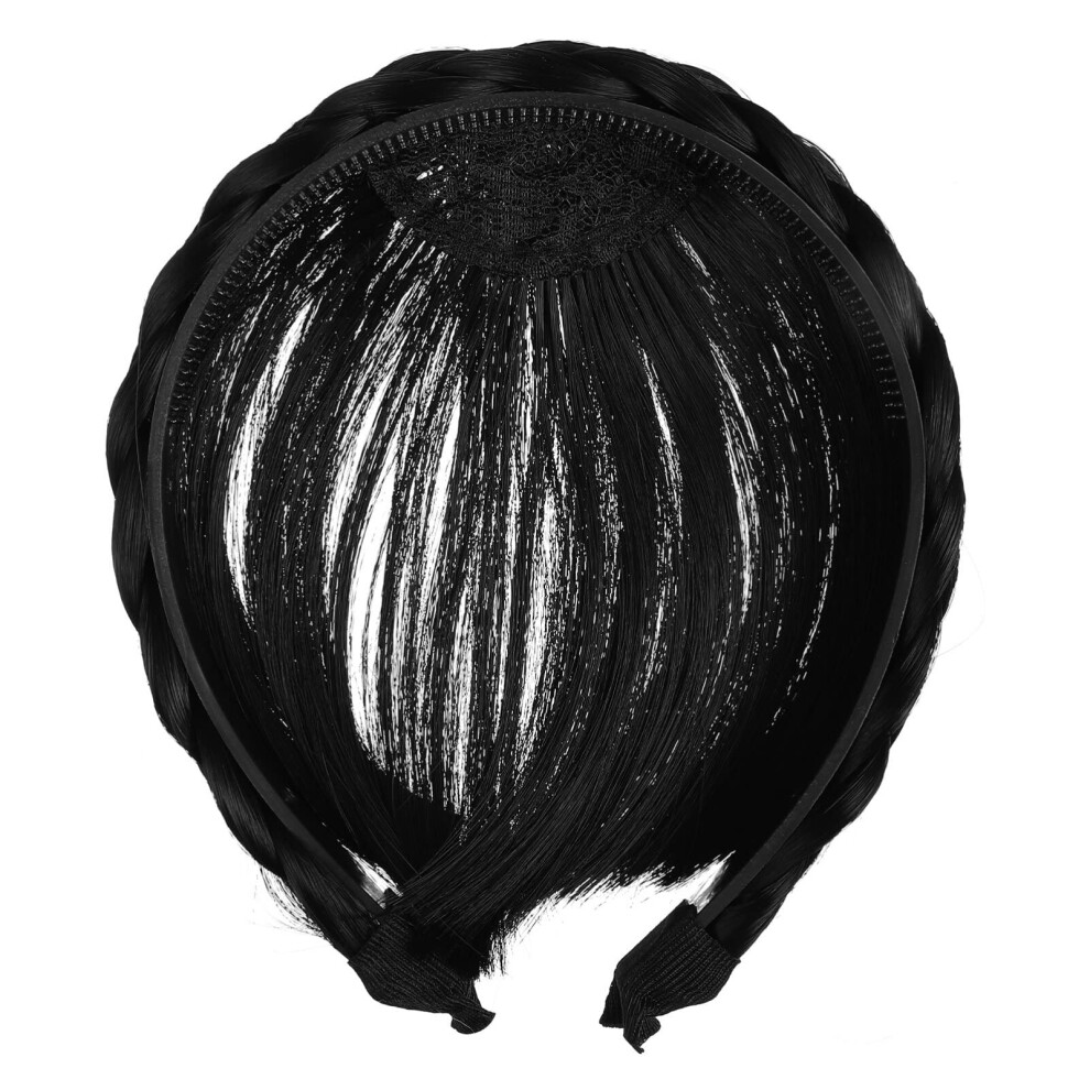Unisex Black Fake Bangs Headband With Braided Wig, Adjustable Fit For Women, Instant Fringe Styling