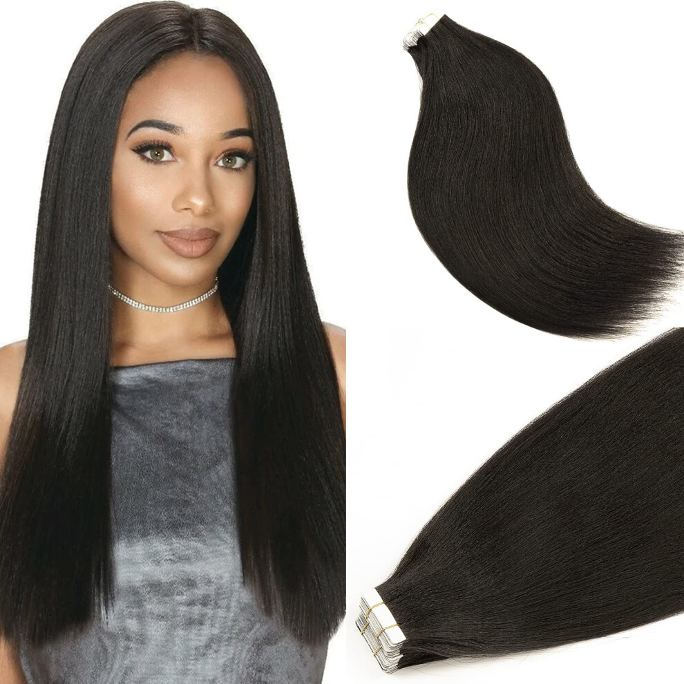 Unisex Black 16 Inch Yaki Straight Tape In Hair Extensions #1B Natural Brazilian Remy Human Hair 20Pcs