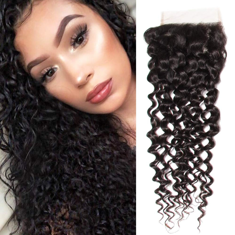 Unisex Brazilian Curly 4X4 Lace Closure Human Hair Virgin Natural Color 20Inch Part Seamless Hairline