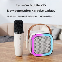 Mini Karaoke Machine with Wireless Mic, RGB Light, Bluetooth-compatible, Portable KTV Speaker with Handle - White