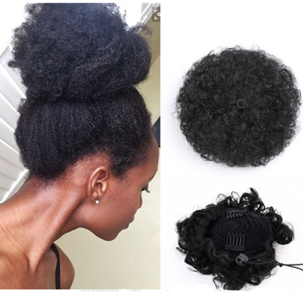 Unisex Afro Puff Ponytail With Natural Kinky Curly Hair Extension, Short Drawstring Bun Hairpiece 1#