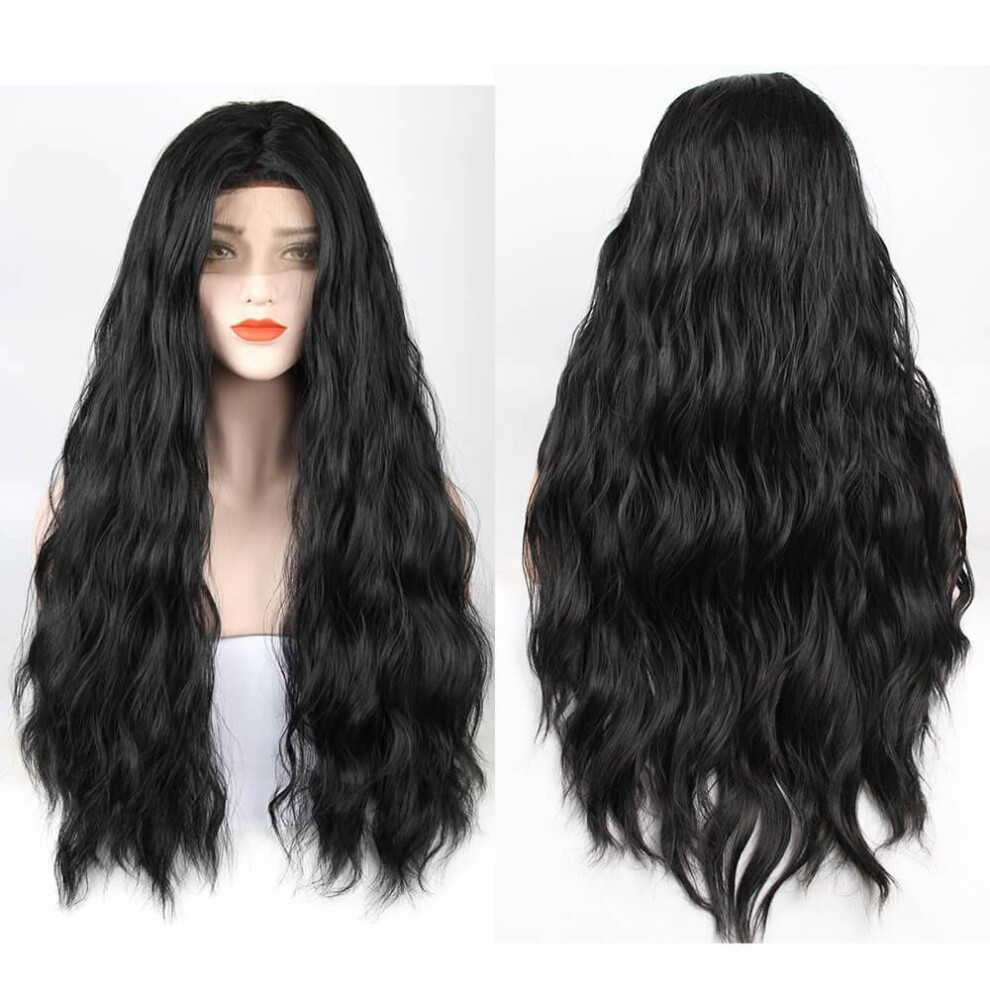 Unisex Black Synthetic Lace Front Wig Long Body Wave 26 Inch Heat Resistant Glueless With Realistic Hairline