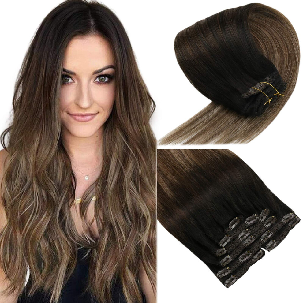 Unisex Black,Brown Clip In Human Hair Extensions Ombre 14 Inch Balayage Black To Brown Ash Blonde Volumizing 7Pcs