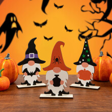 Halloweenská dřevěná cedule na stůl s čarodějnicí a trpaslíkem, vintage podzimní dekorace, stojící vrstvený tác, ústřední prvek,