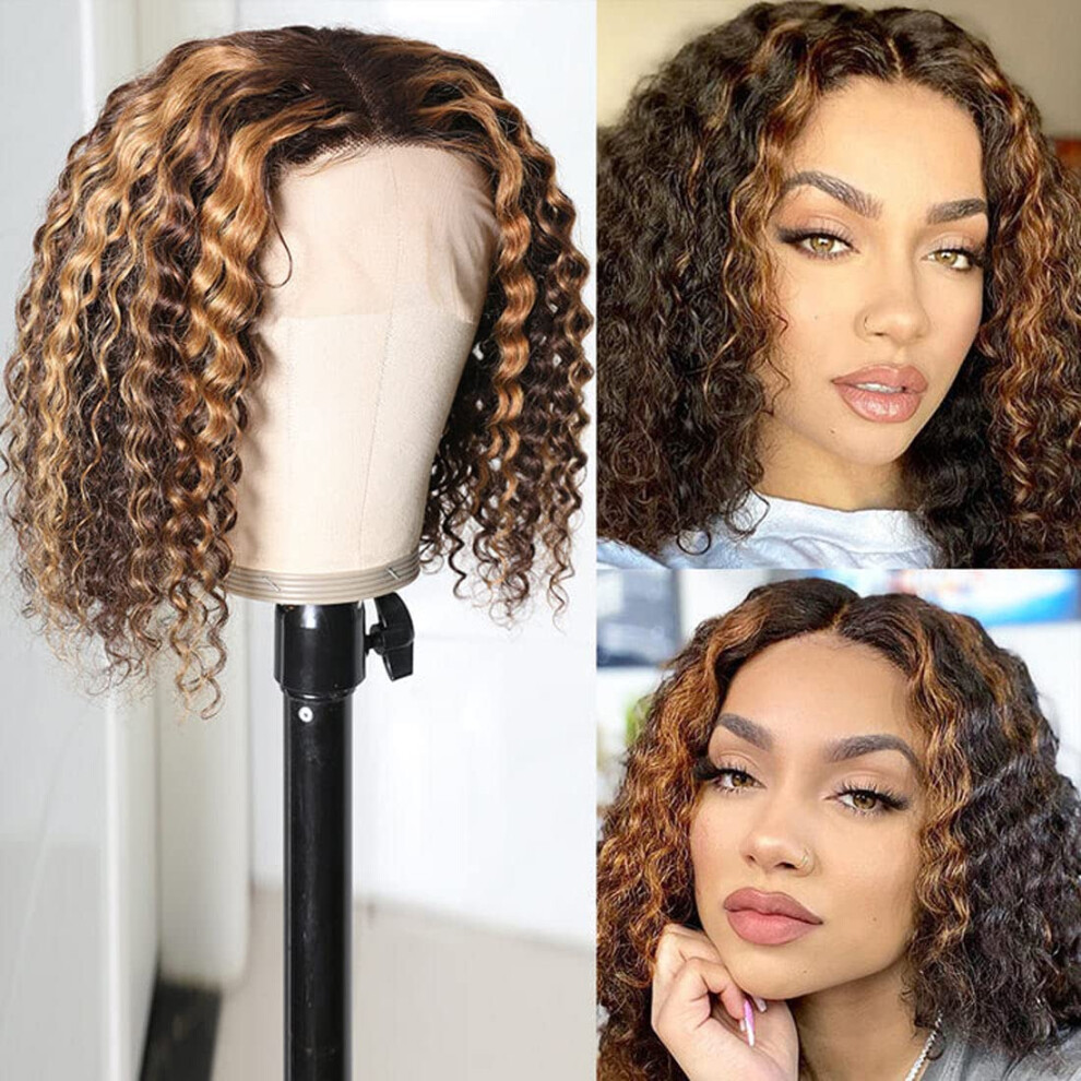 Unisex Brown Human Hair Bob Wig Short Curly Glueless Lace Front Wet Wavy T Part Blonde Highlight 8Inch