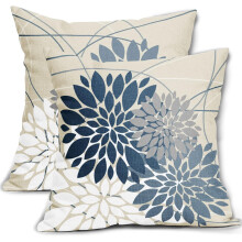 Mørke lyseblå pudebetræk 16x16, Dahlia blomsterdesign, hvidgrå elegante pyntepuder, sæt med 2, kompatibel med landlig udendørsindretning til