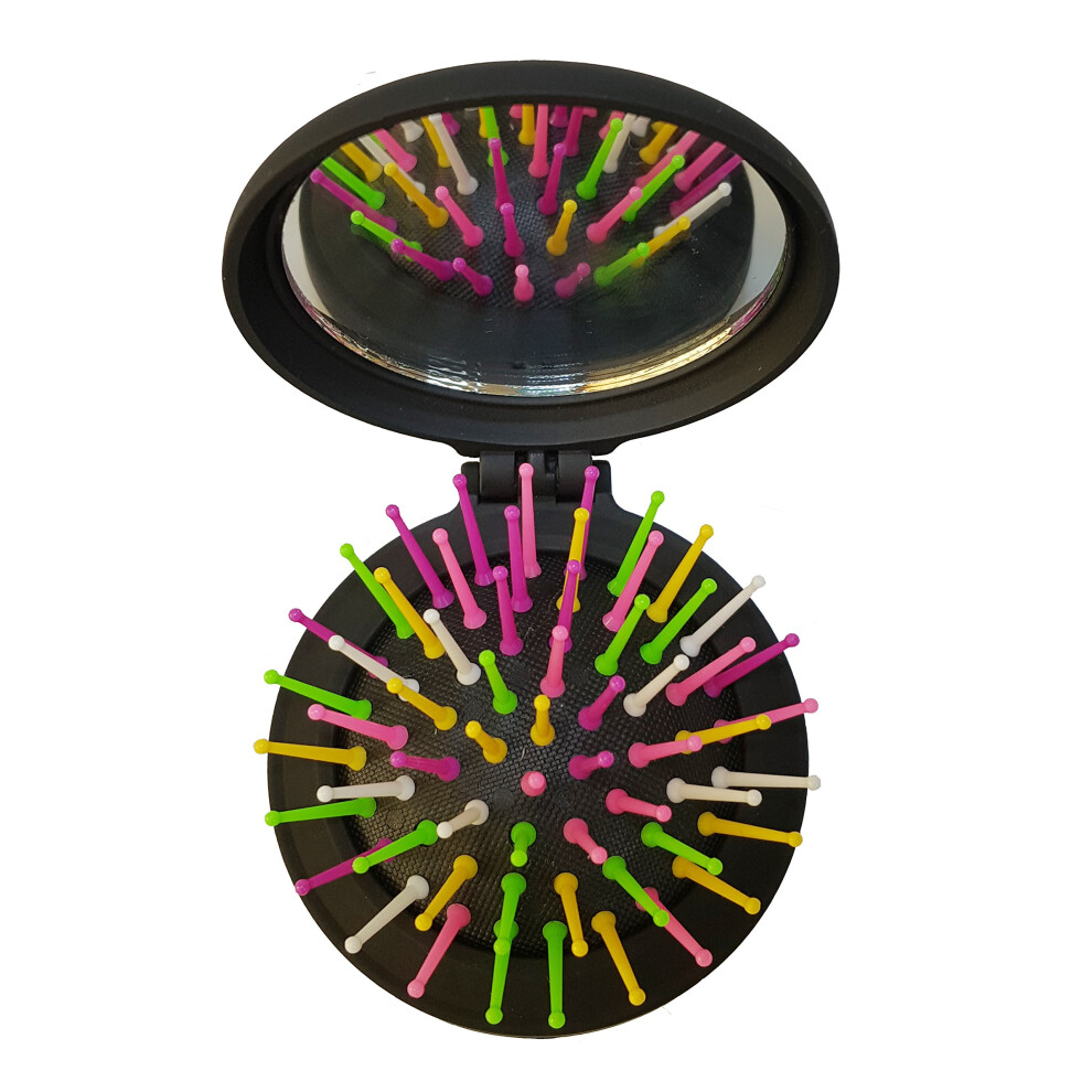 Travel Hair Brush with Builtin Mirror, Foldable Compact Design for Pocket Size Styling