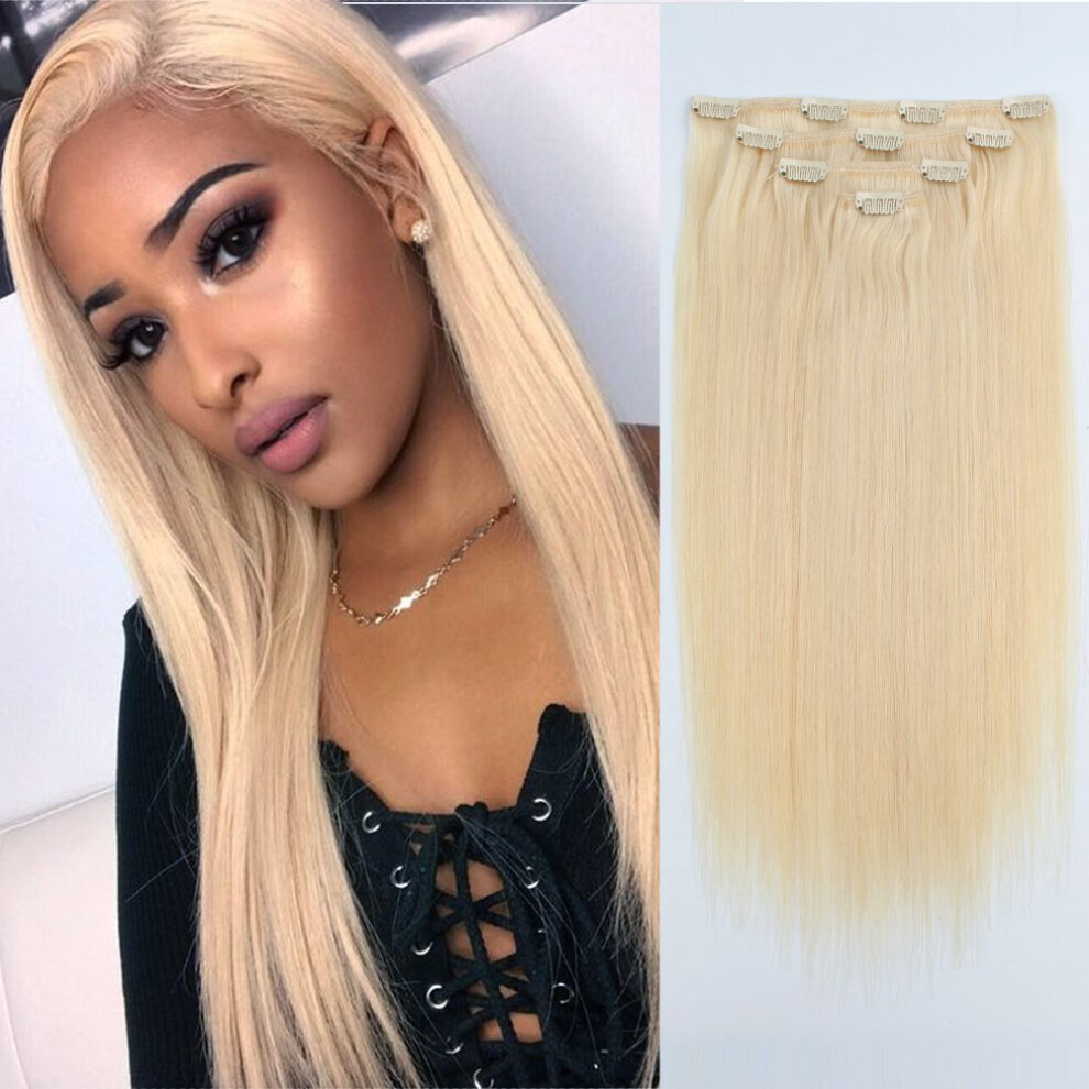 Unisex 18 Inch 613 Bleach Blonde Clip In Human Hair Extensions Double Weft For Instant Volume Boost