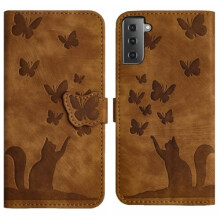 Kompatibelt med Samsung Galaxy S22 5G cover med præget sommerfugl og kat i brunt