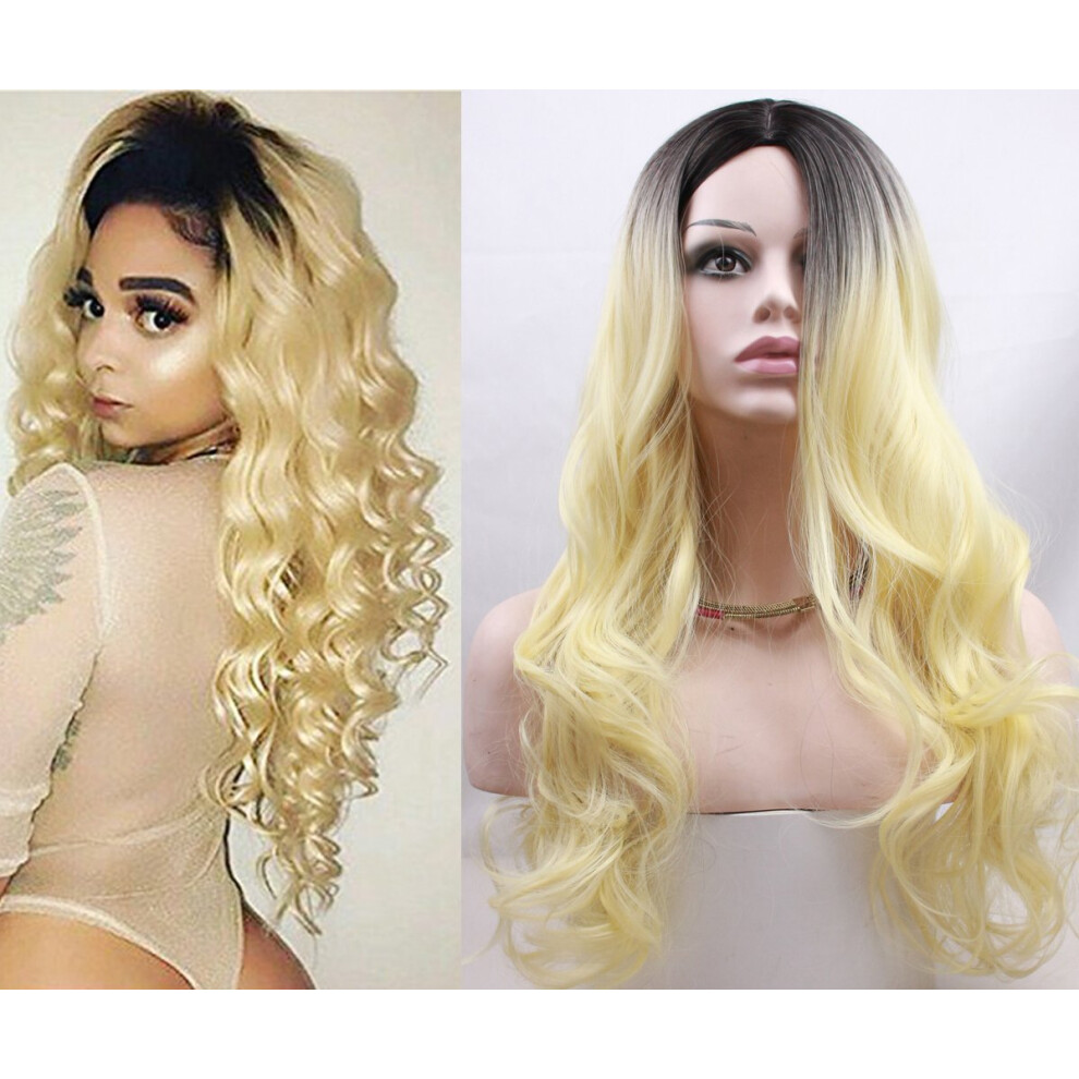 18 Inch Blonde Ombre Synthetic Loose Wave Wig, Glueless Heat Resistant, Middle Part 130% Density