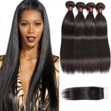 Brazilian Straight Hair Bundles with Closure 100% Virgin Human Hair Weave Natural Black 14‑20 Inch