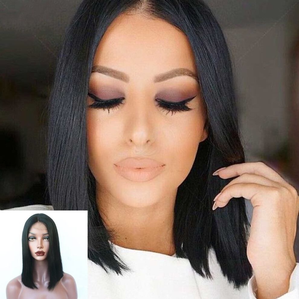 Unisex Black 12 Inch Brazilian Virgin Human Hair Bob Wig Glueless Lace Front Middle Part Natural Hairline Women