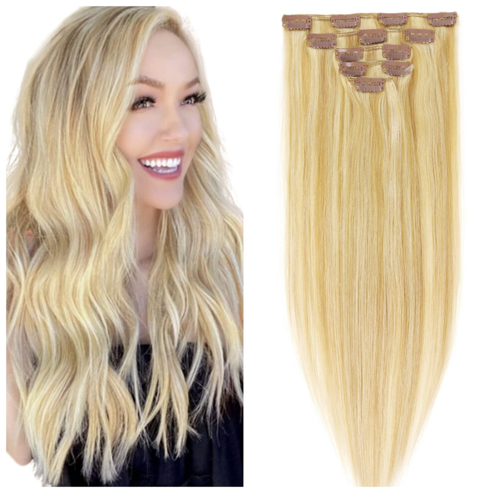 Unisex 22 Inch Remy Human Hair Clip In Extensions Ash Blonde Balayage Seamless Ombre Straight 5Pcs 75G