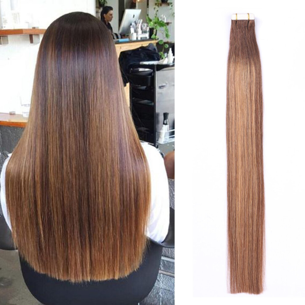 Unisex Brown Tape In Human Hair Extensions Balayage Dark To Blonde Remy 22 Inch Instant Length Volume 50G