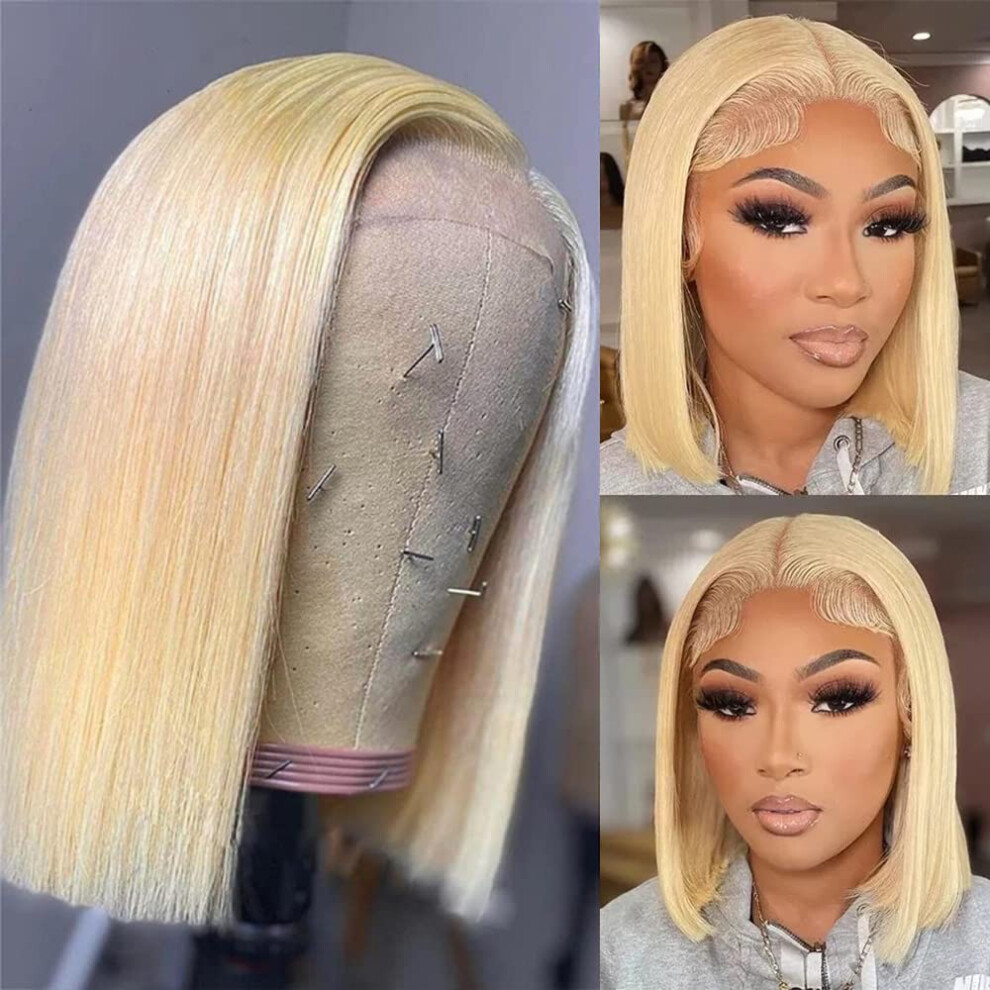 Unisex 613 Blonde Bob Wig 16 Inch Human Hair With Transparent Lace Closure Preplucked Hairline