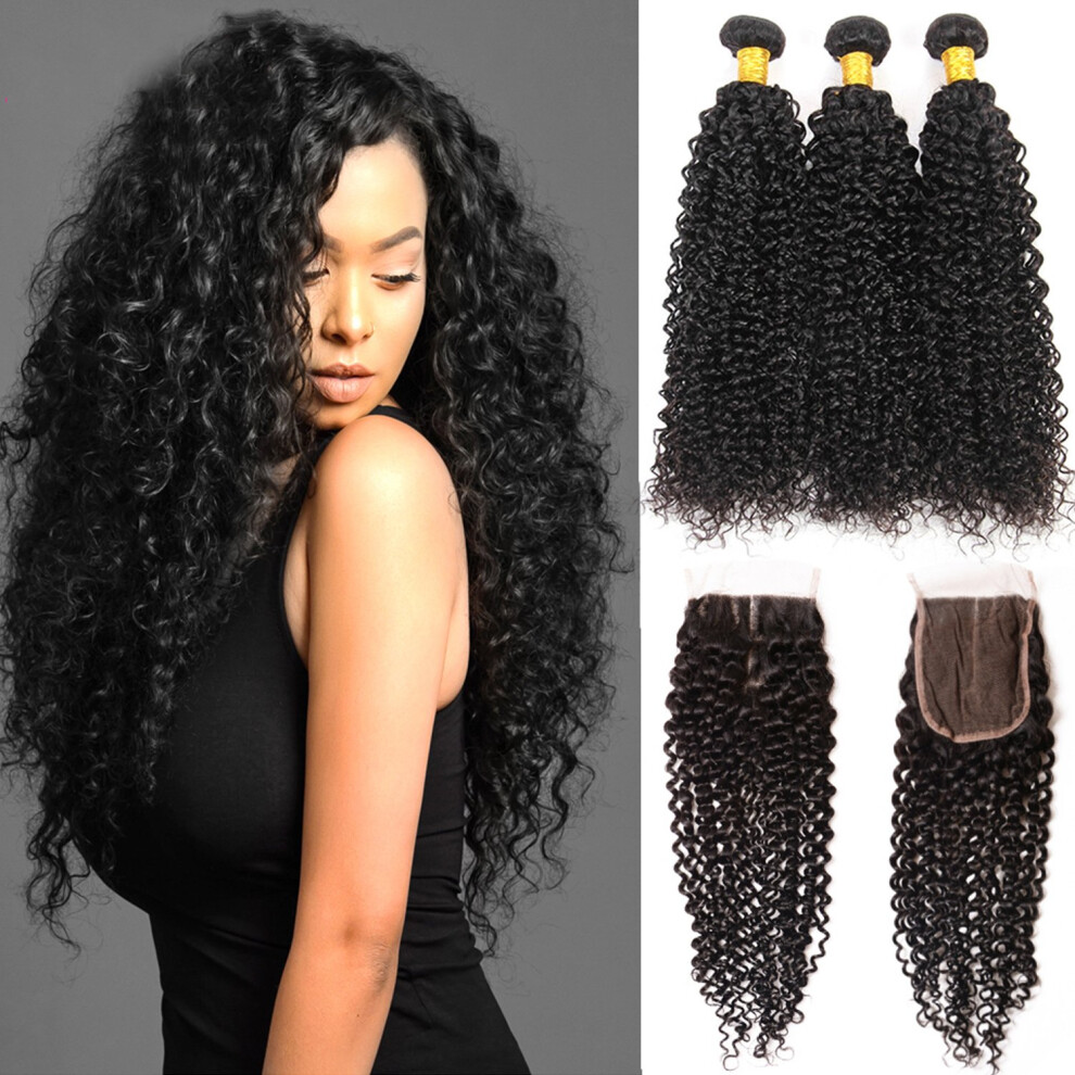 Unisex Brazilian Kinky Curly Hair Bundles With 4X4 Lace Closure 8A Virgin Human Hair Extensions 14 16 18+12