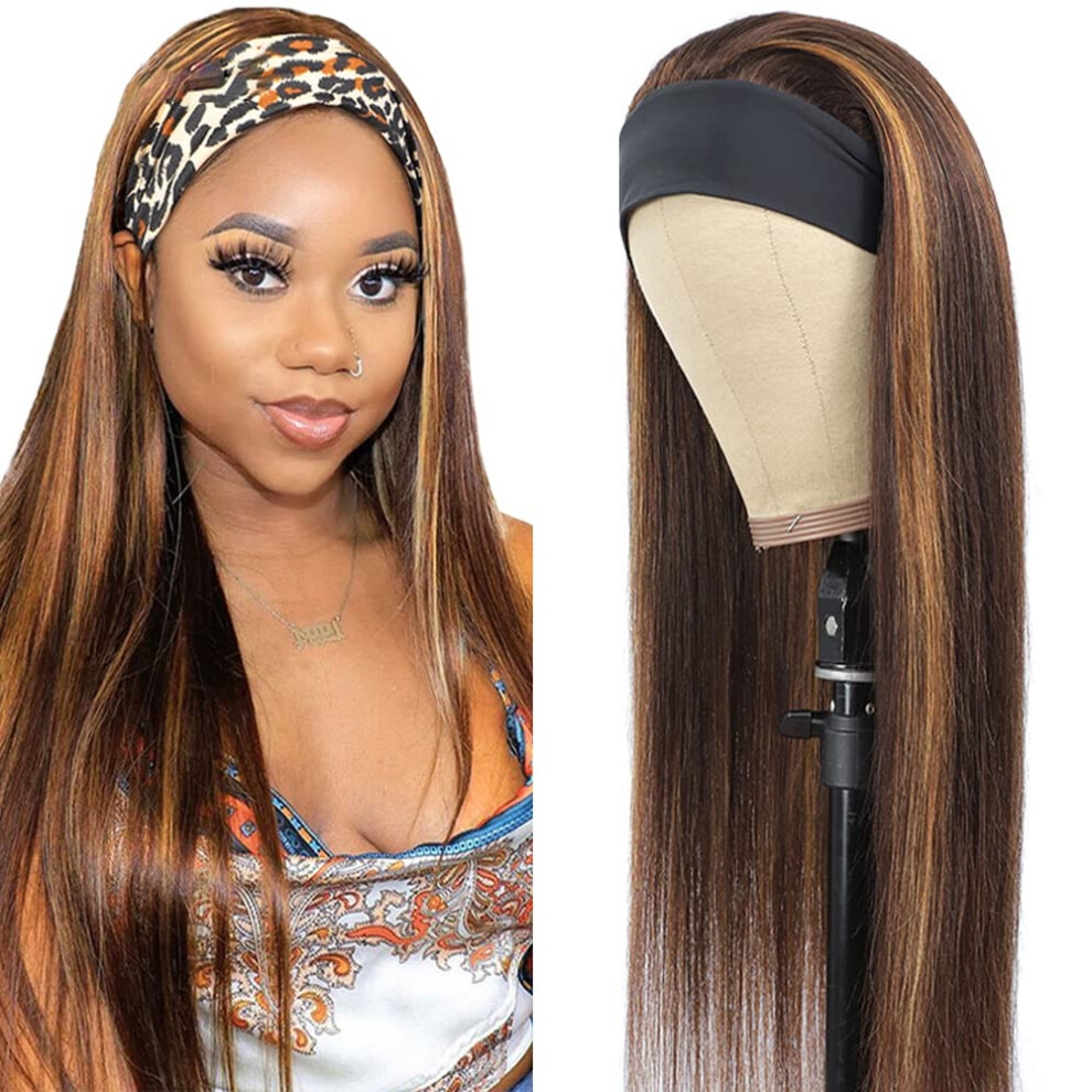 16 Inch Highlight Brown Headband Wig Human Hair P4/30 Straight Brazilian Virgin Hair for Women