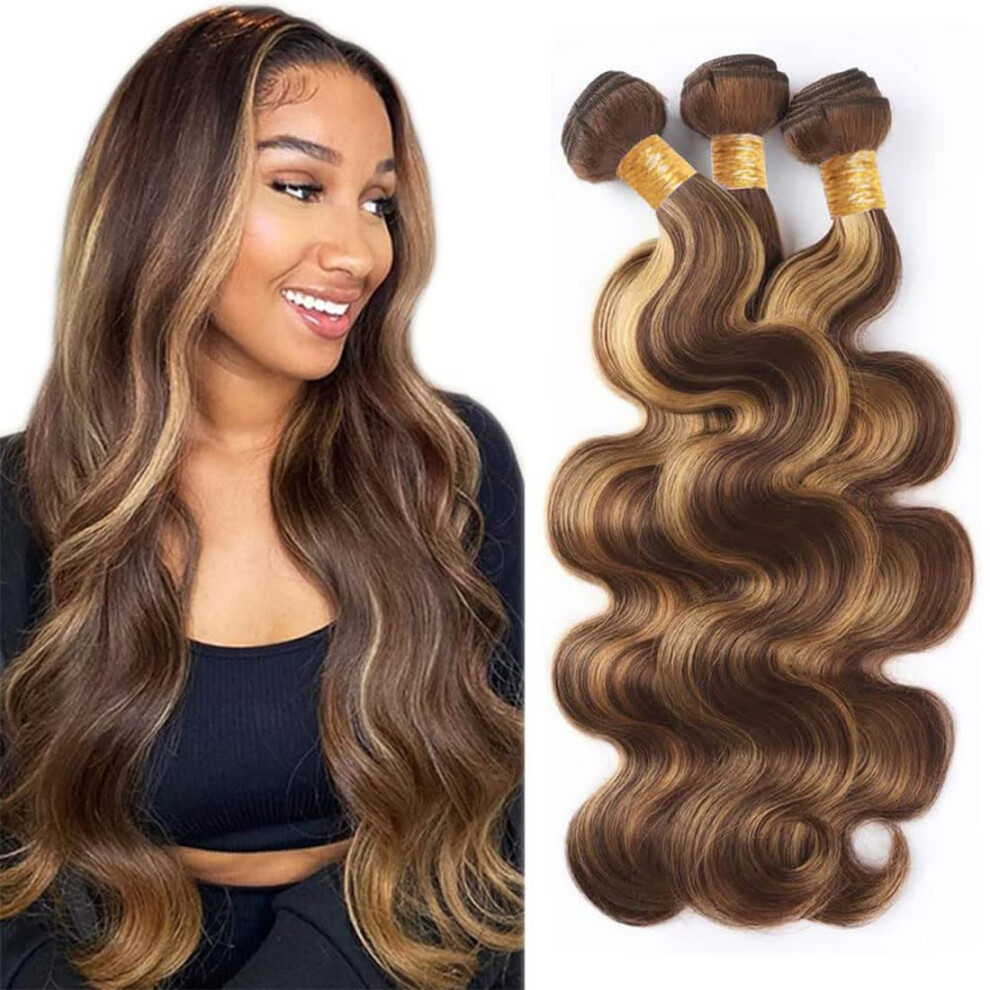 Unisex Brown Brazilian Body Wave Human Hair Bundles P4/27 Highlight And Honey Blonde Double Weft 14 16 18 Inch
