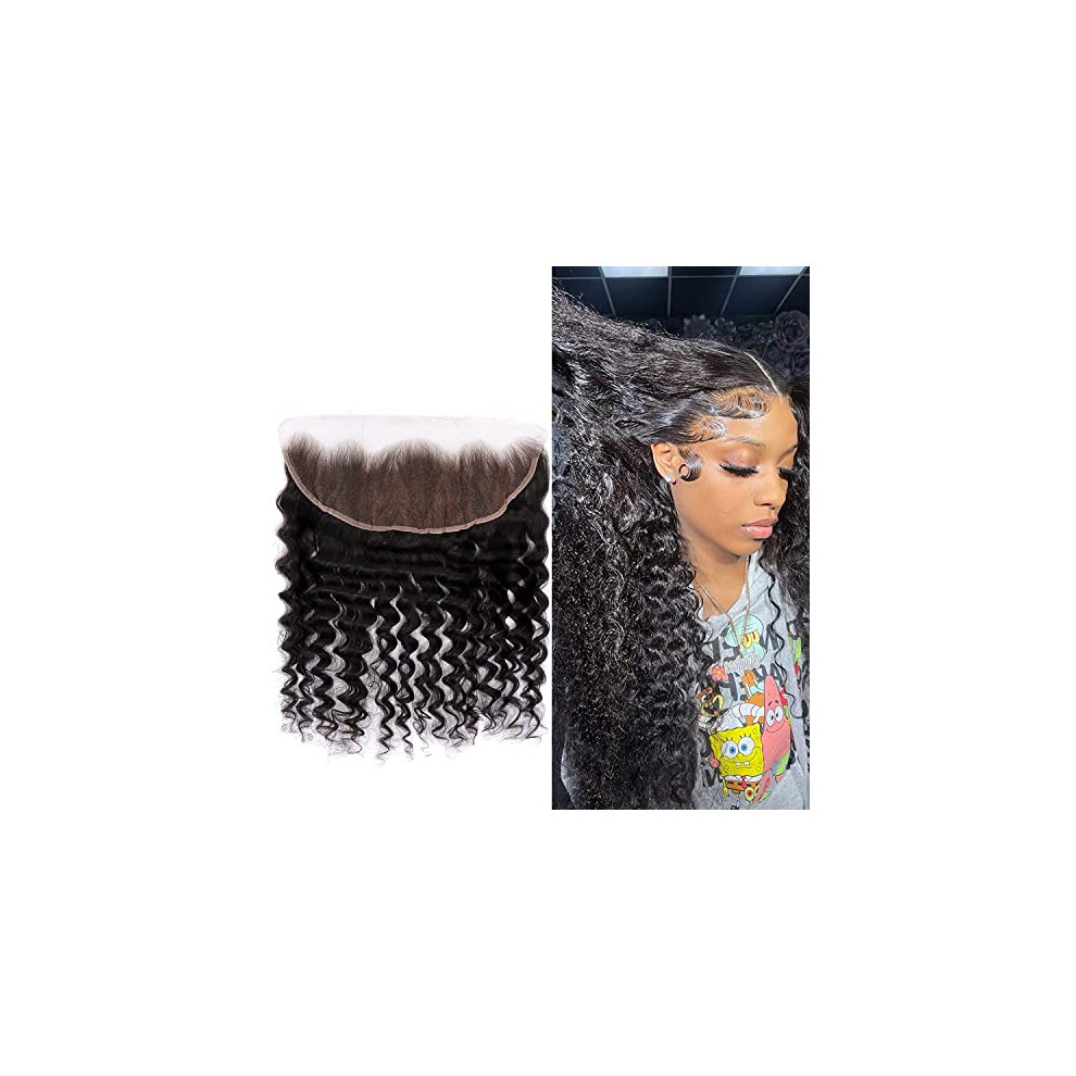 HD Lace Frontal 13x4 Deep Wave Closure Pre Plucked Brazilian Remy Human Hair 12 Inch