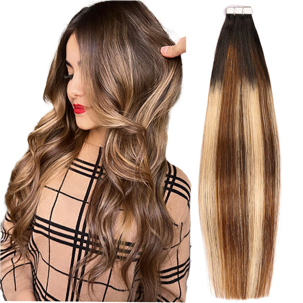 Unisex Black,Brown Tape In Remy Human Hair Extensions Black To Brown To Blonde Ombre 20Pcs Handcrafted Soft 50G