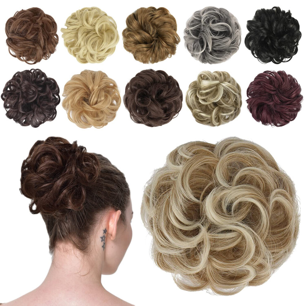 Unisex Silver Strawberry Blonde Messy Bun Hair Piece With Platinum Tips, Synthetic Wavy Hair Bun Extension