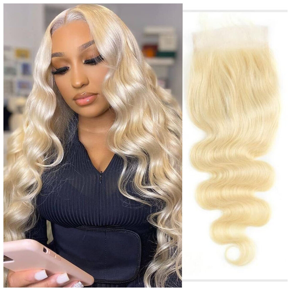 Unisex 613 Lace Closure Brazilian Virgin Hair, 4X4 Transparent Hd, 14 Inch Preplucked Body Wave Blonde