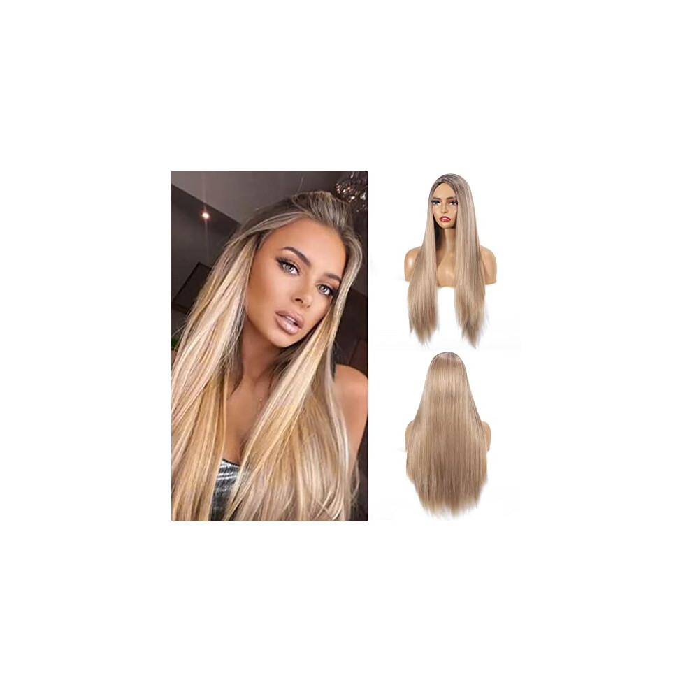 Synthetic Wig 24 Inch Long Blonde Ombre Brown Middle Part Heat Resistant Natural Looking Hair