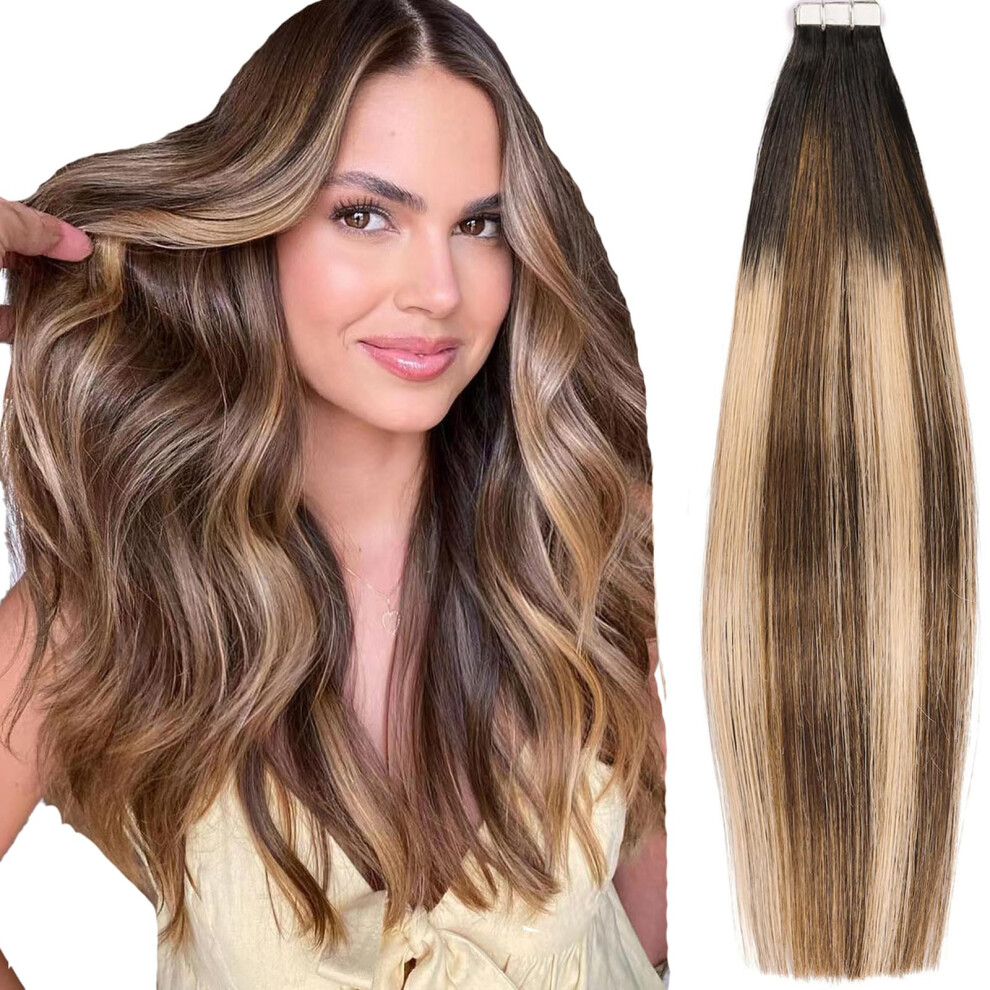 Unisex Black,Brown Tape In Hair Extensions Human Hair, Black To Chocolate Brown And Caramel Blonde Remy, 50G Pack