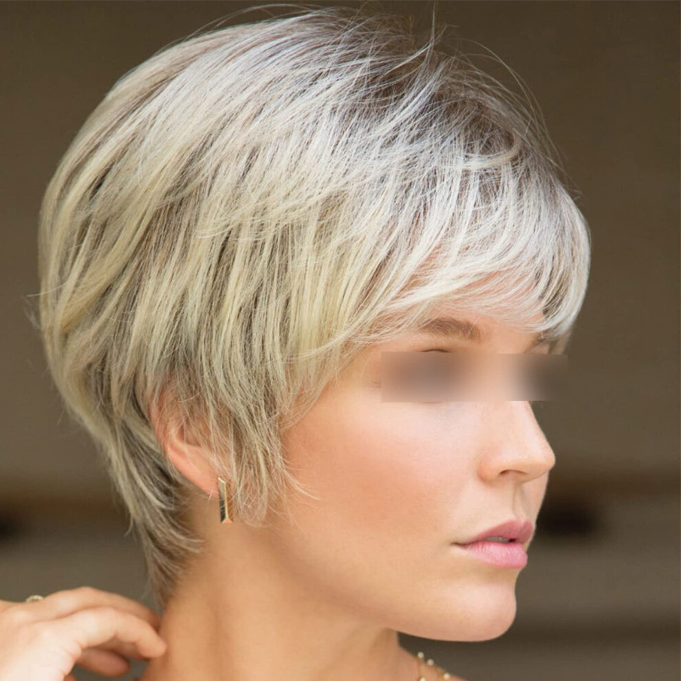 Blonde Wig Short Pixie Cut with Bangs for Women, Layered Synthetic Hair, Adjustable Fit
