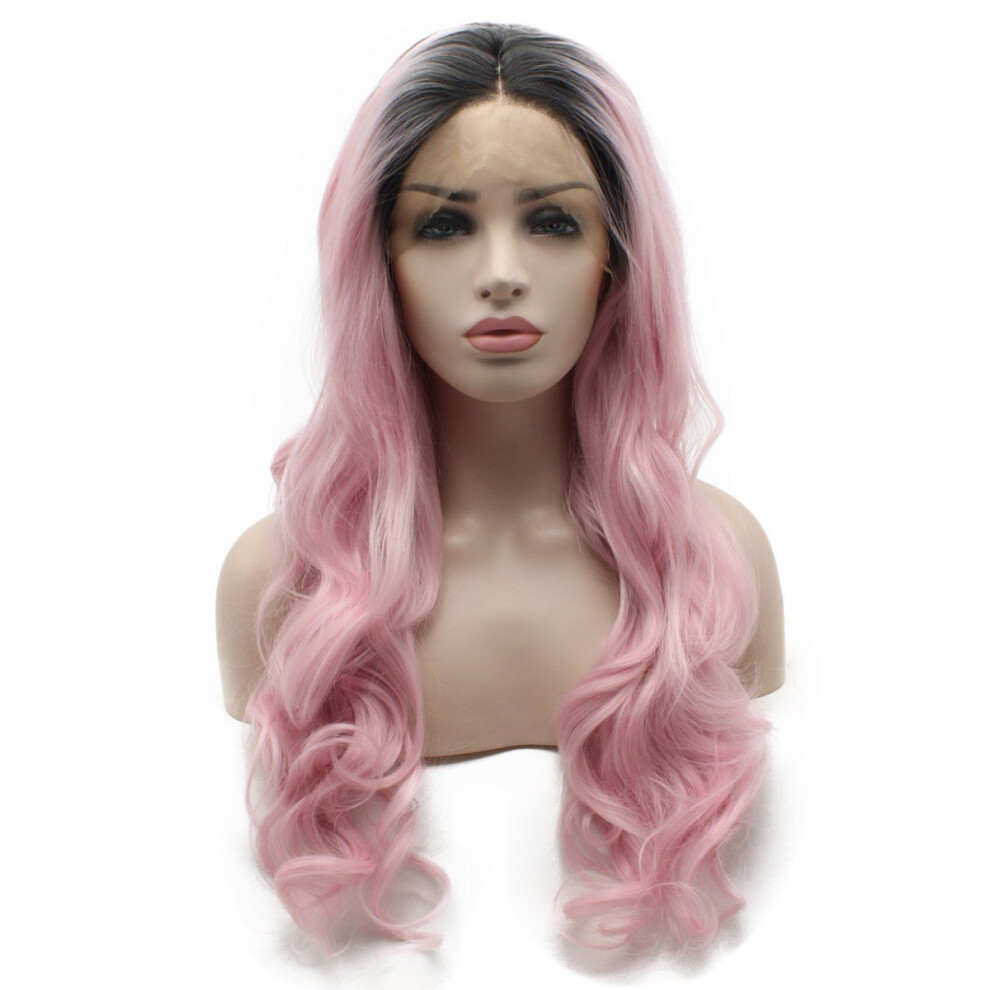 Long Wavy Heat Resistant Lace Front Wig with Dark Root Pink Ombre Natural Hairline