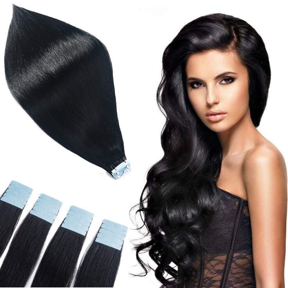 Unisex Black Tape In Remy Human Hair Extensions 20 Inch Jet Silky Straight Seamless Natural Blending
