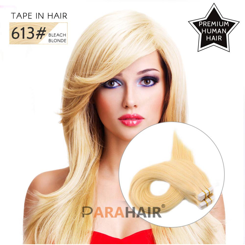 Unisex Tape In Hair Extensions 16 Inch #613 Bleach Blonde Remy Human Hair Seamless Skin Weft 20Pcs Set