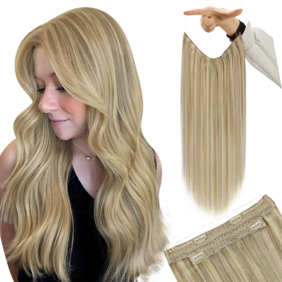 Unisex Golden Invisible Wire Hair Extensions Real Remy Human Hair Blonde Highlights 14 Inch Adjustable Fit